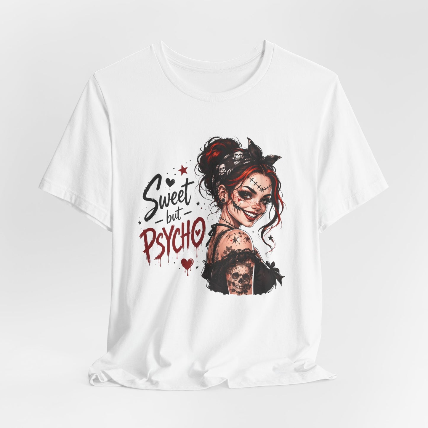 Sweet but Psycho Girl Portrait T-Shirt | Gothic Pinup Skull Art
