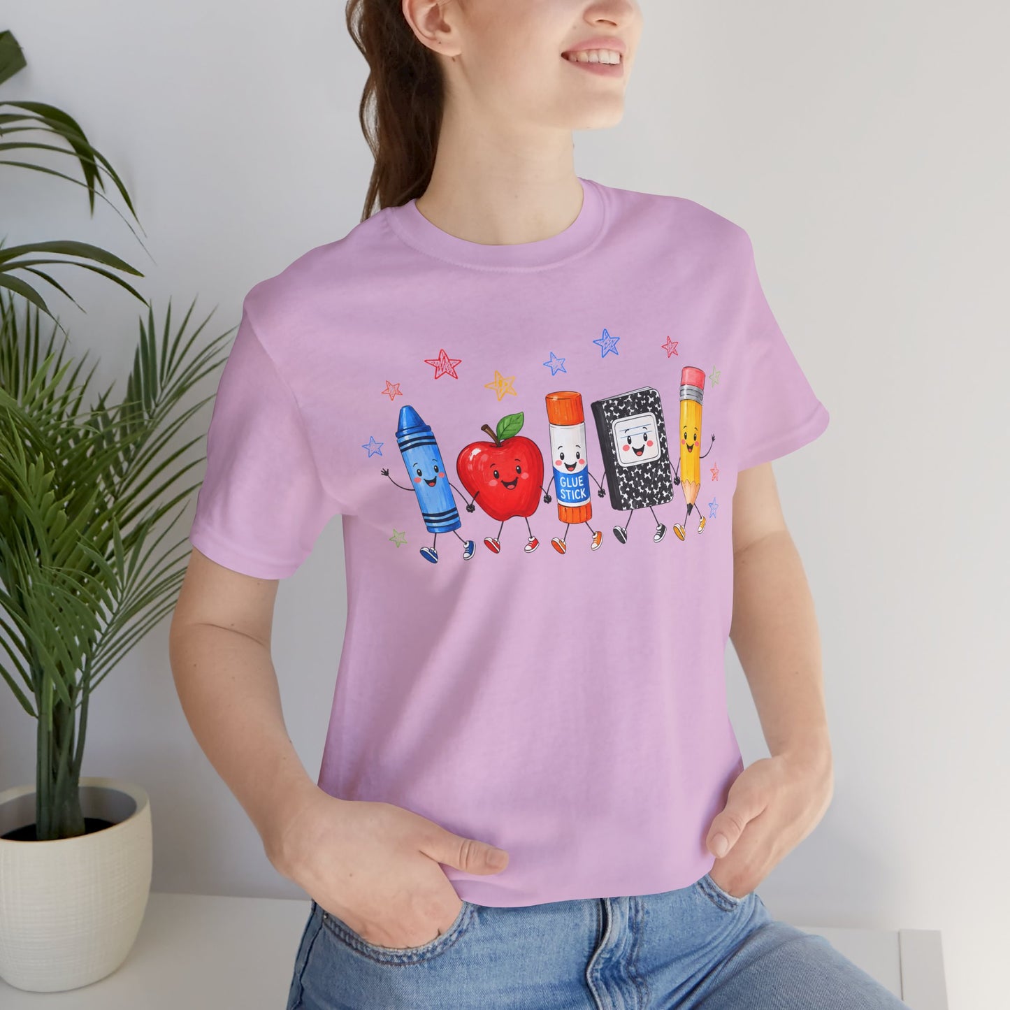 School Supplies Friends T-Shirt | Cute Crayon Apple Glue Pencil Notebook Design