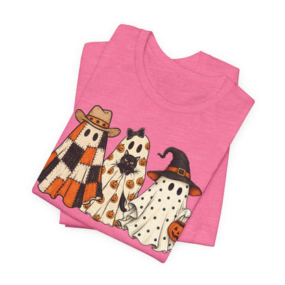 Halloween Ghost Trio T-Shirt — Cute Vintage Ghosts in Hats & Pumpkin Candy Bucket