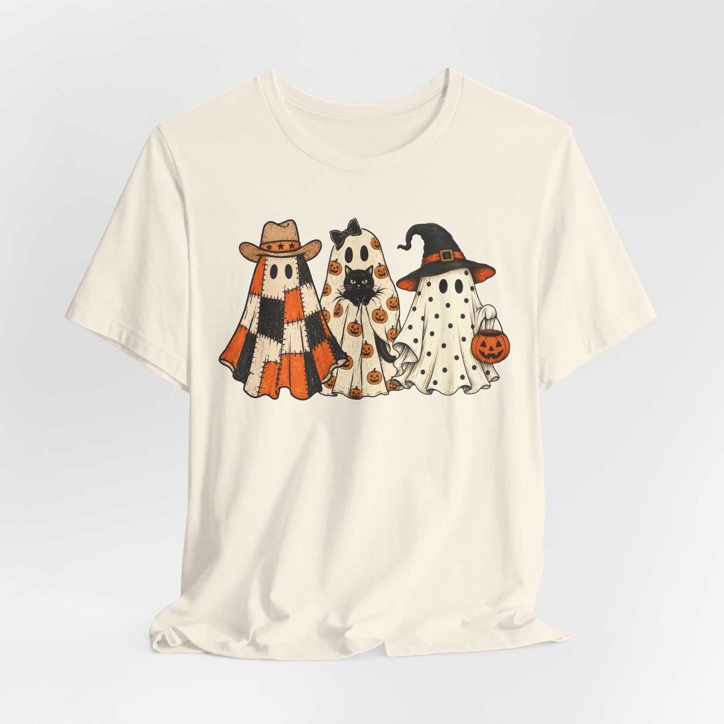 Halloween Ghost Trio T-Shirt — Cute Vintage Ghosts in Hats & Pumpkin Candy Bucket