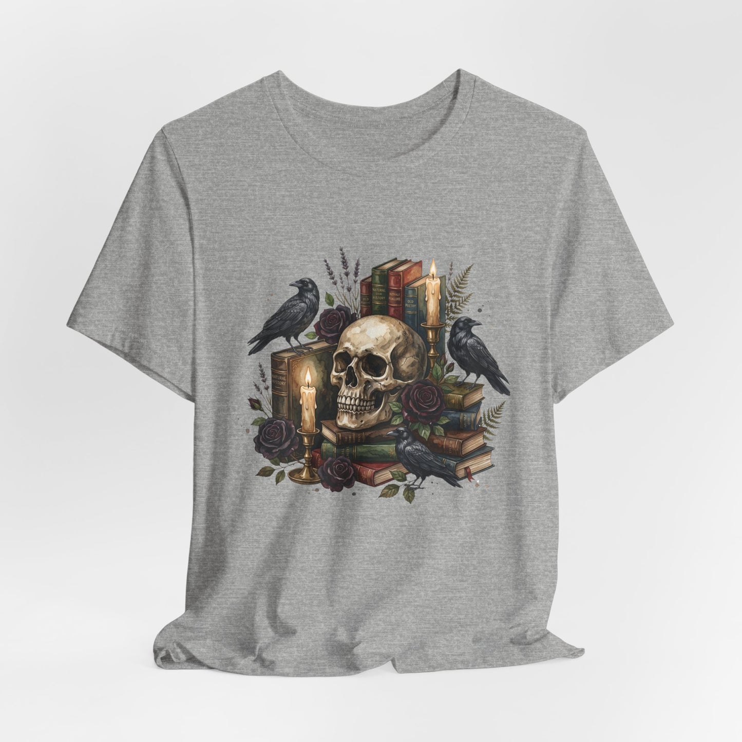 Skull and Ravens with Books Tee | Candlelit Gothic Skull T-Shirt