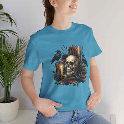 Skull and Ravens with Books Tee | Candlelit Gothic Skull T-Shirt