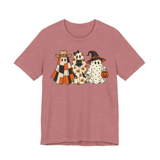 Halloween Ghost Trio T-Shirt — Cute Vintage Ghosts in Hats & Pumpkin Candy Bucket