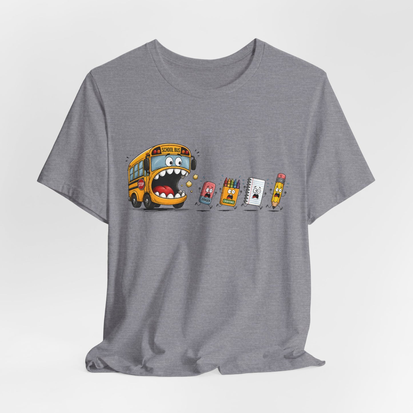 Monster School Bus Chasing School Supplies T-Shirt | Cute Cartoon Back-to-School Tee