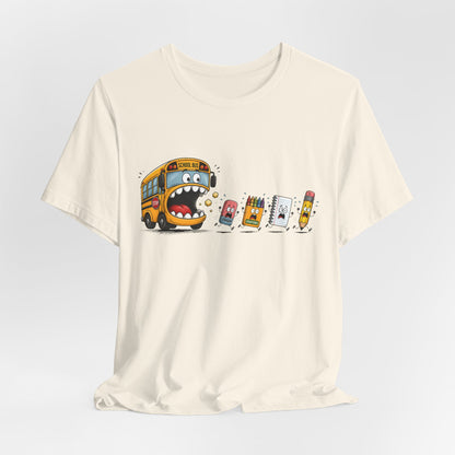 Monster School Bus Chasing School Supplies T-Shirt | Cute Cartoon Back-to-School Tee