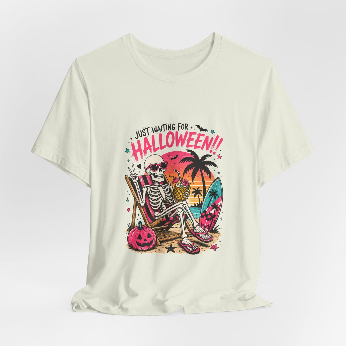 Just Waiting for Halloween Skeleton Beach Scene T-Shirt | Halloween Tee
