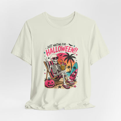 Just Waiting for Halloween Skeleton Beach Scene T-Shirt | Halloween Tee