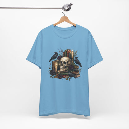 Skull and Ravens with Books Tee | Candlelit Gothic Skull T-Shirt