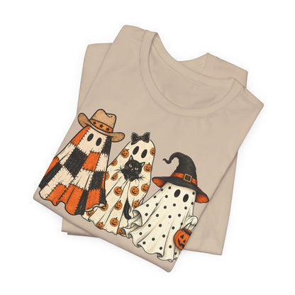 Halloween Ghost Trio T-Shirt — Cute Vintage Ghosts in Hats & Pumpkin Candy Bucket