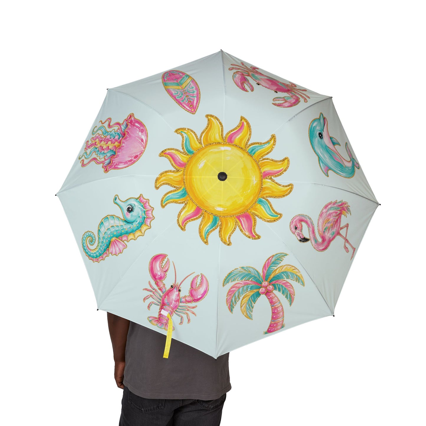Watercolor Beach Sun, Dolphin, Flamingo Umbrella | Tropical Sea Creatures Print