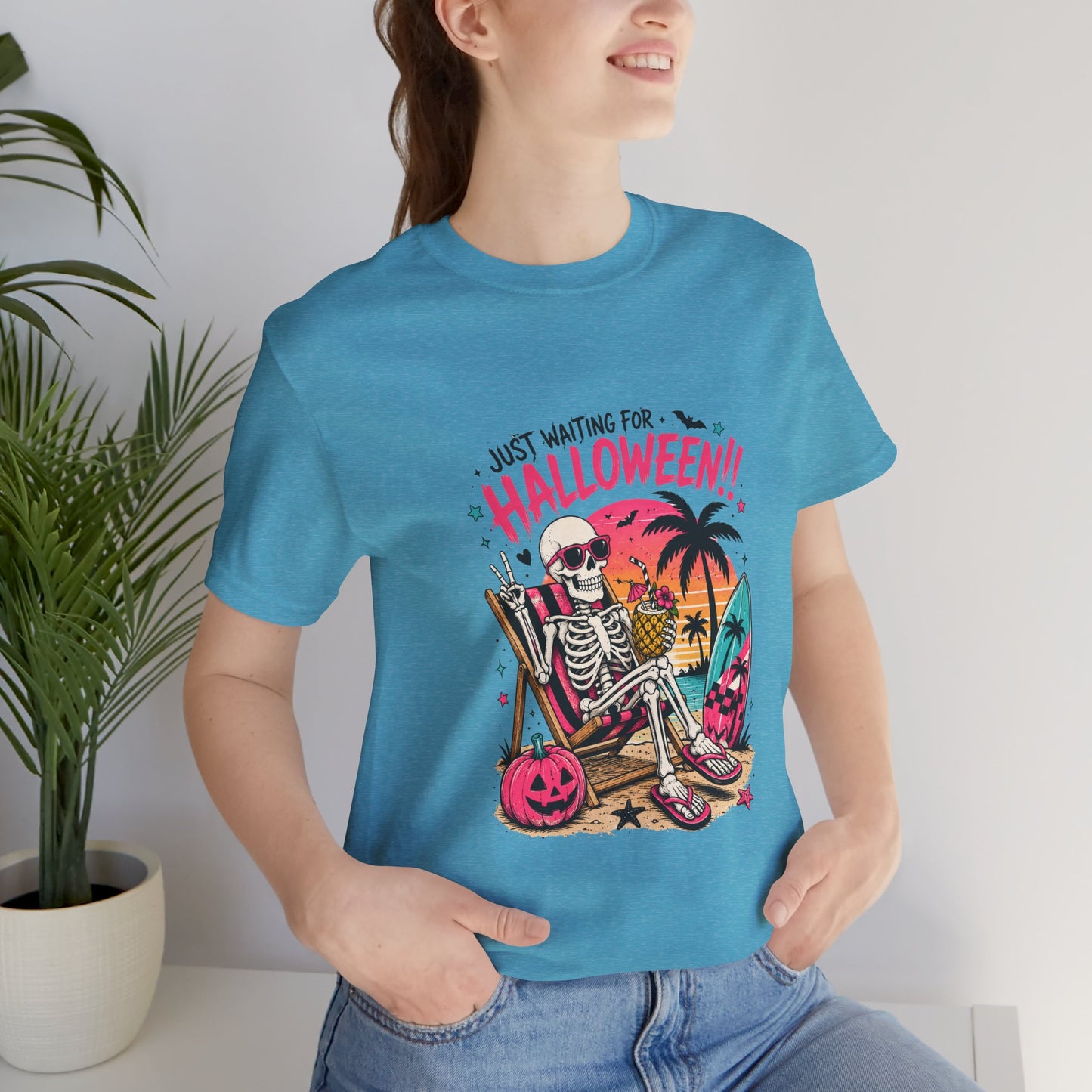 Just Waiting for Halloween Skeleton Beach Scene T-Shirt | Halloween Tee