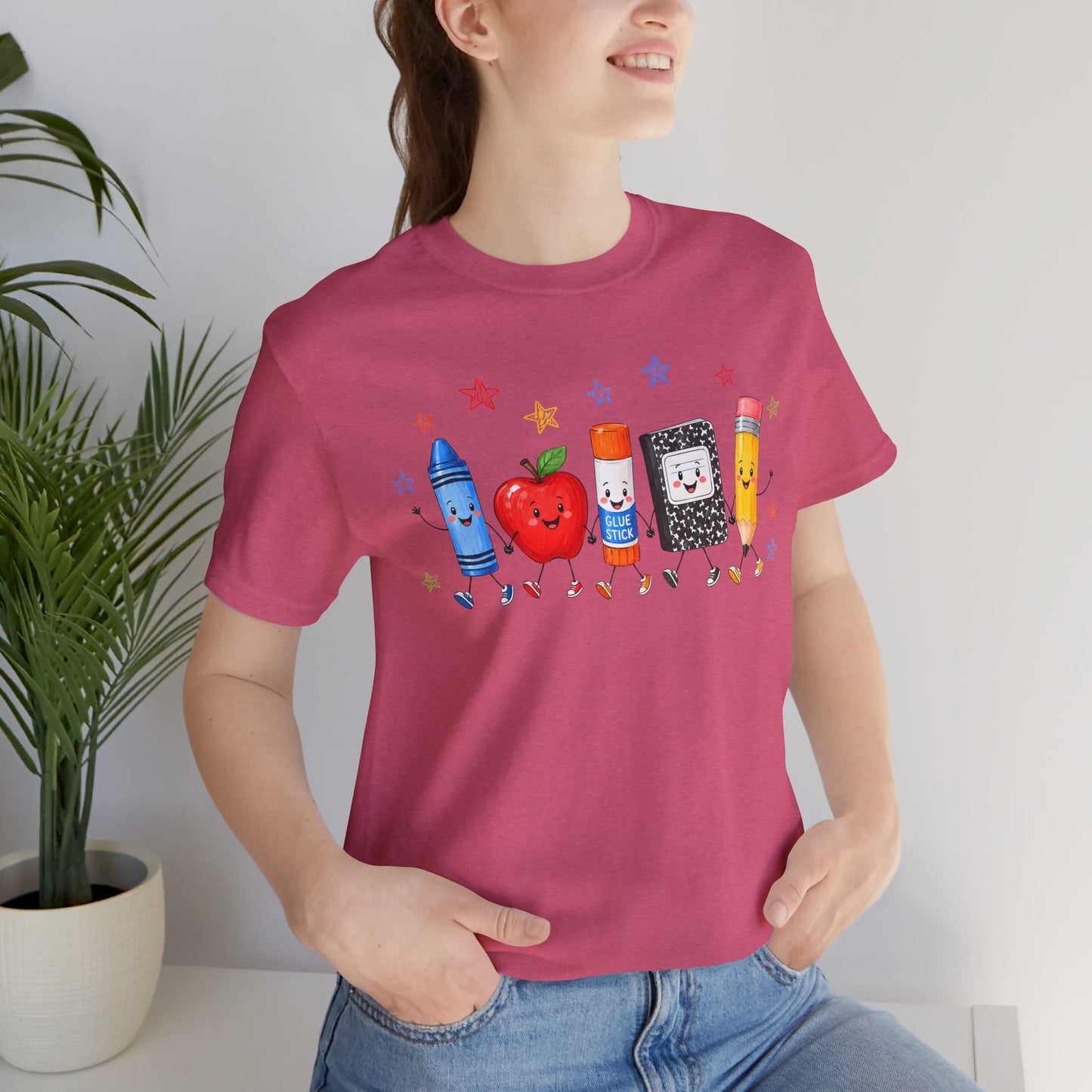 School Supplies Friends T-Shirt | Cute Crayon Apple Glue Pencil Notebook Design