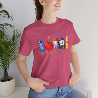 School Supplies Friends T-Shirt | Cute Crayon Apple Glue Pencil Notebook Design