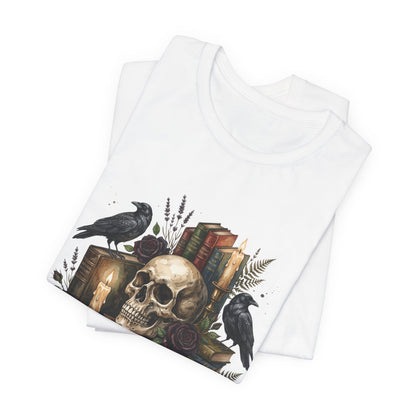 Skull and Ravens with Books Tee | Candlelit Gothic Skull T-Shirt
