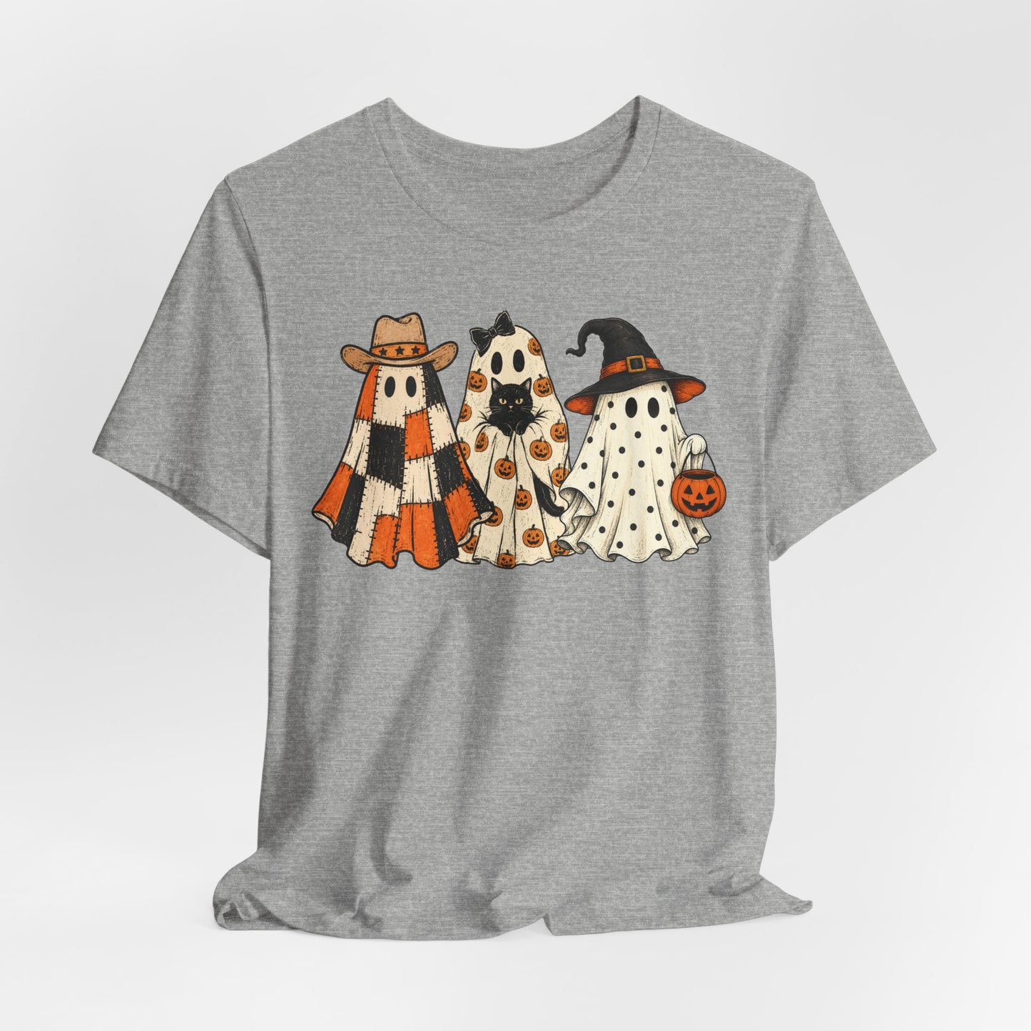 Halloween Ghost Trio T-Shirt — Cute Vintage Ghosts in Hats & Pumpkin Candy Bucket