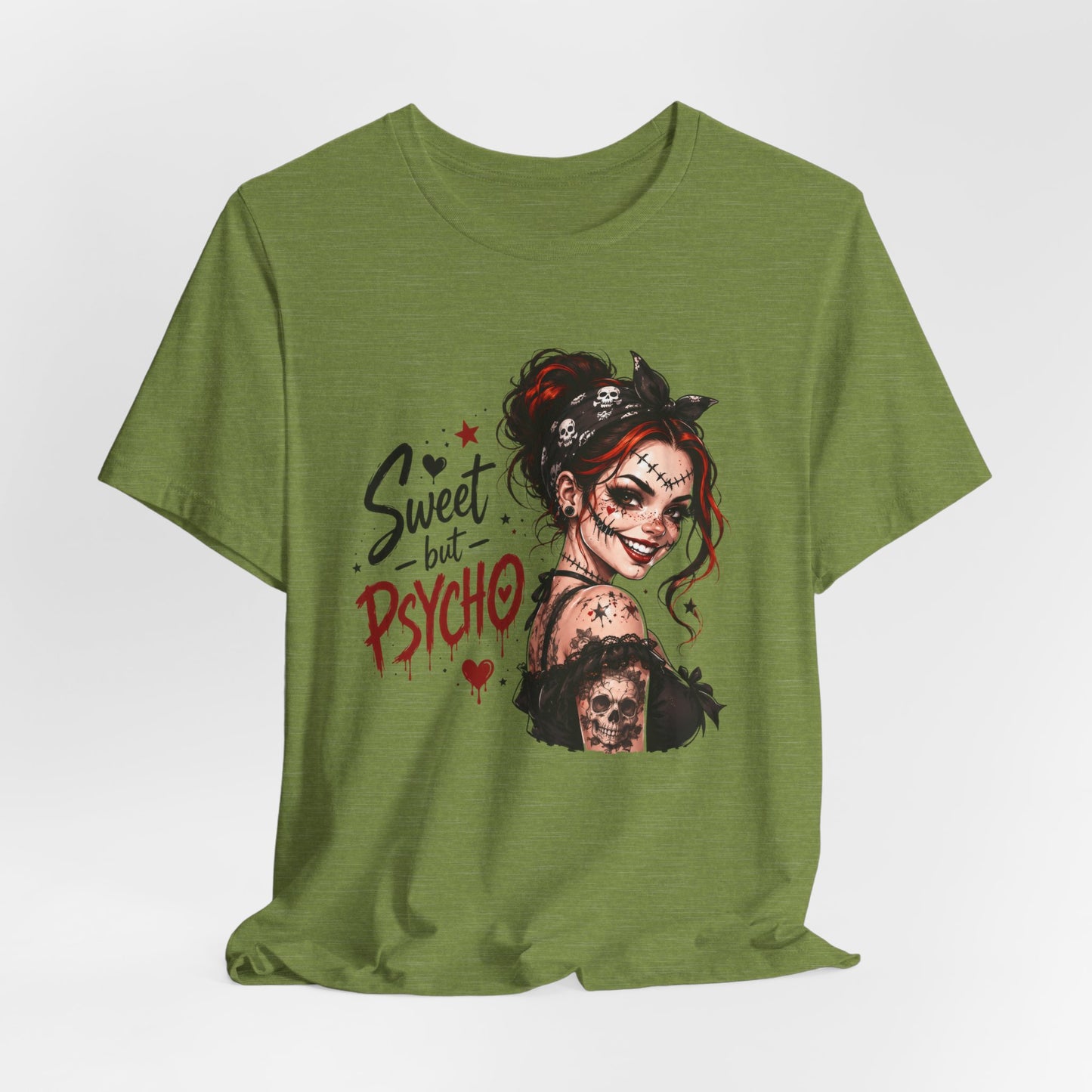 Sweet but Psycho Girl Portrait T-Shirt | Gothic Pinup Skull Art