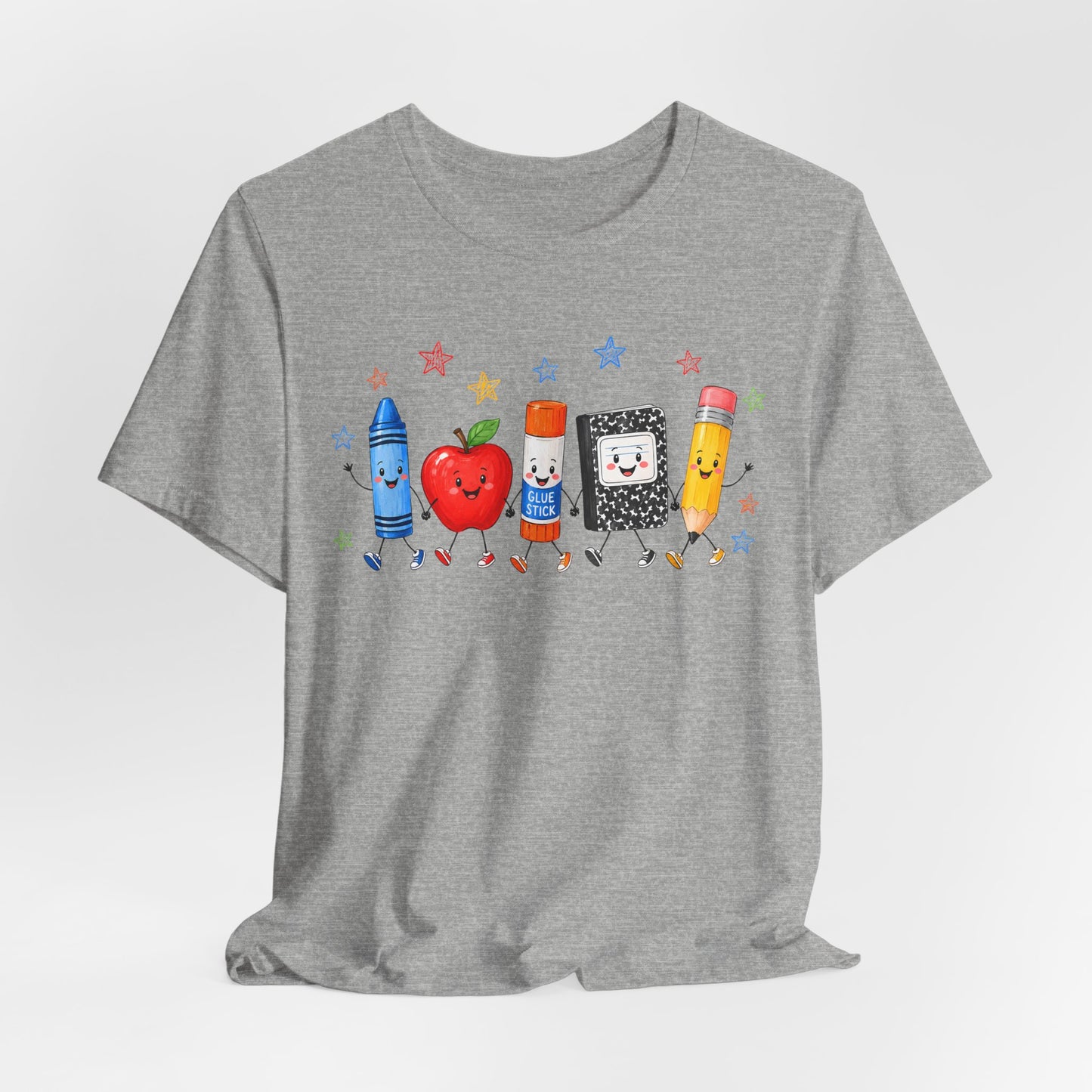 School Supplies Friends T-Shirt | Cute Crayon Apple Glue Pencil Notebook Design