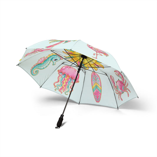 Watercolor Beach Sun, Dolphin, Flamingo Umbrella | Tropical Sea Creatures Print