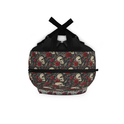 Skull and Red Roses Backpack | Gothic Floral Skull Pattern