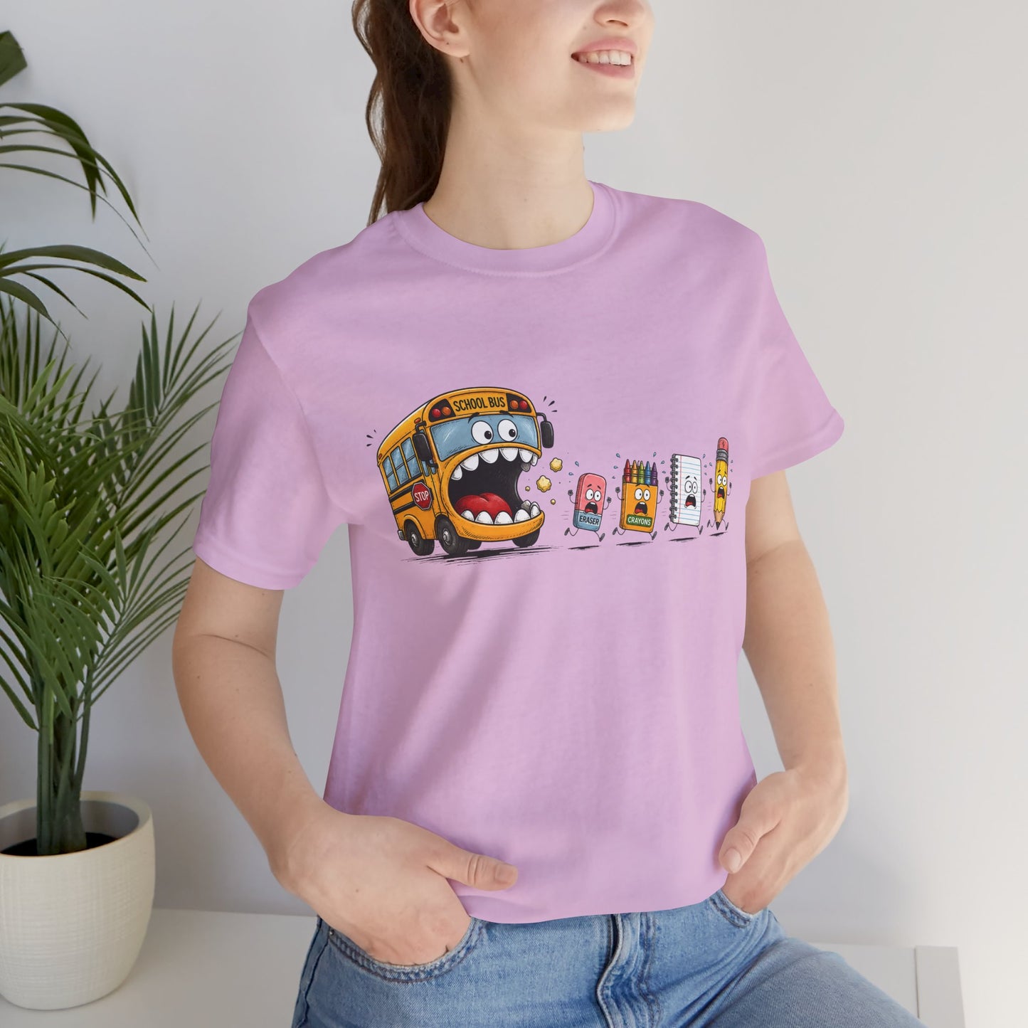 Monster School Bus Chasing School Supplies T-Shirt | Cute Cartoon Back-to-School Tee