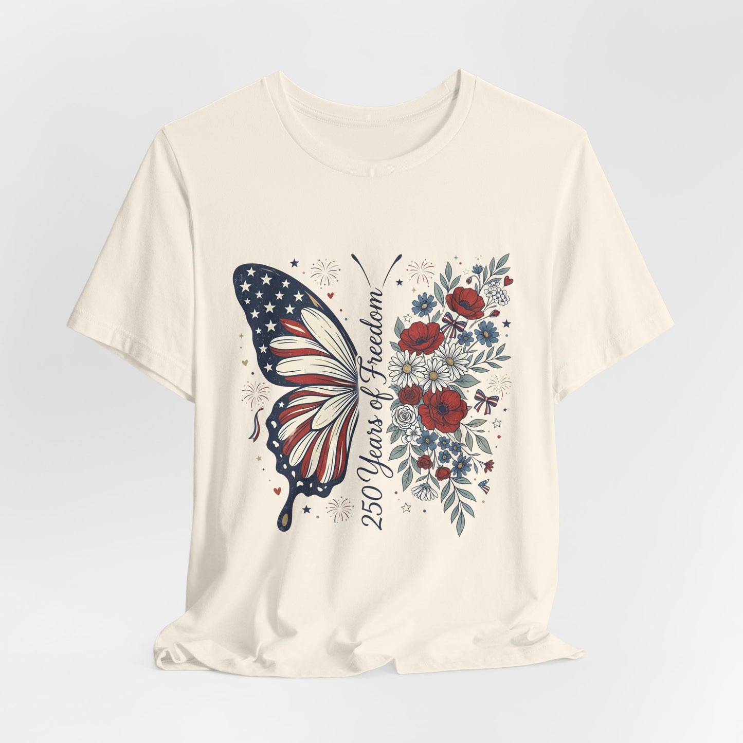 Butterfly Flag T-Shirt – "250 Years of Freedom" Patriotic Floral Tee