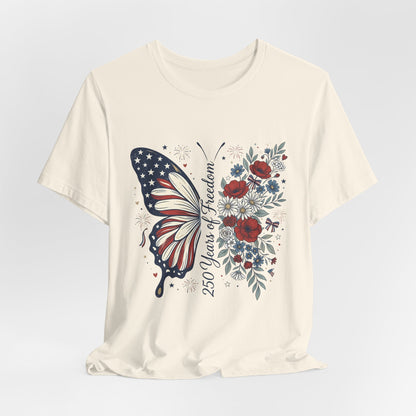Butterfly Flag T-Shirt – "250 Years of Freedom" Patriotic Floral Tee