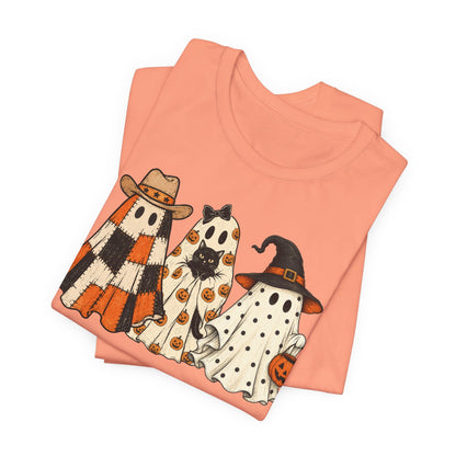 Halloween Ghost Trio T-Shirt — Cute Vintage Ghosts in Hats & Pumpkin Candy Bucket