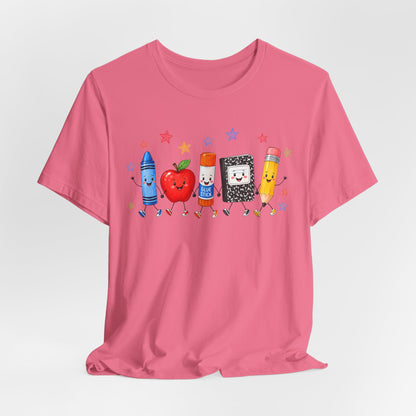 School Supplies Friends T-Shirt | Cute Crayon Apple Glue Pencil Notebook Design