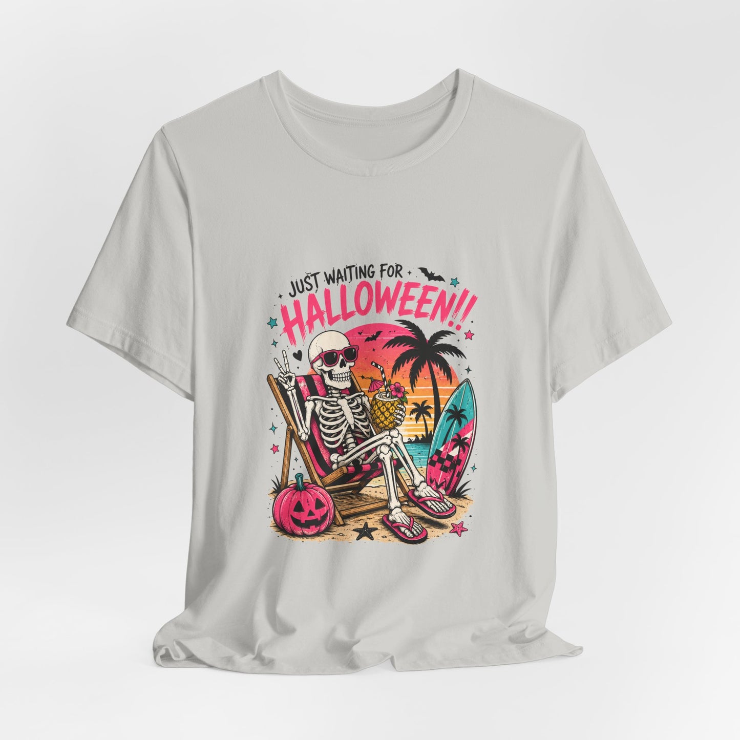 Just Waiting for Halloween Skeleton Beach Scene T-Shirt | Halloween Tee