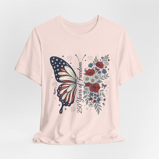Butterfly Flag T-Shirt – "250 Years of Freedom" Patriotic Floral Tee