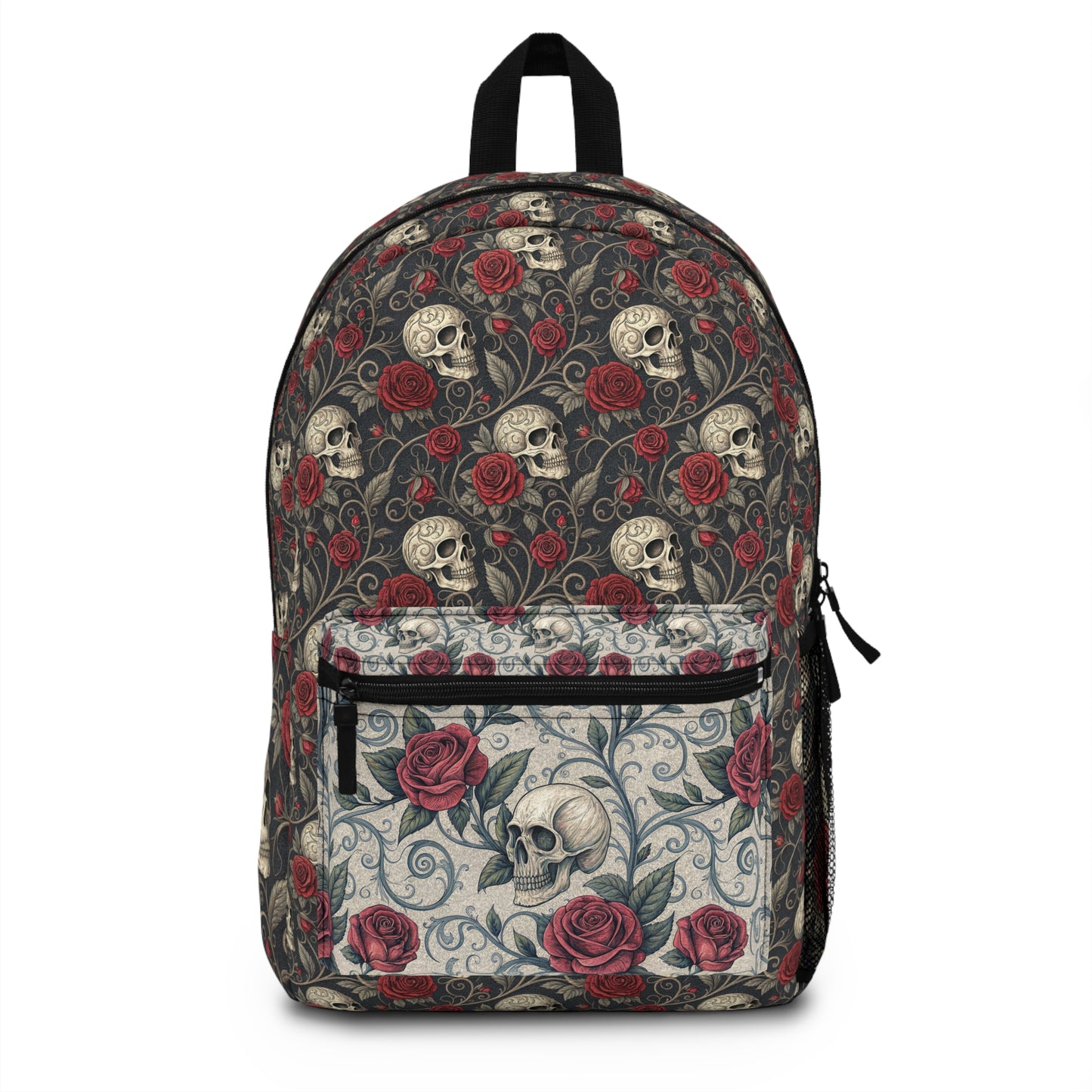 Skull and Red Roses Backpack | Gothic Floral Skull Pattern