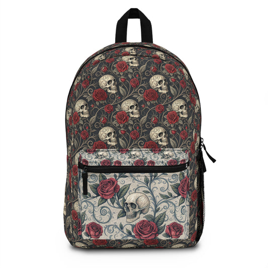 Skull and Red Roses Backpack | Gothic Floral Skull Pattern