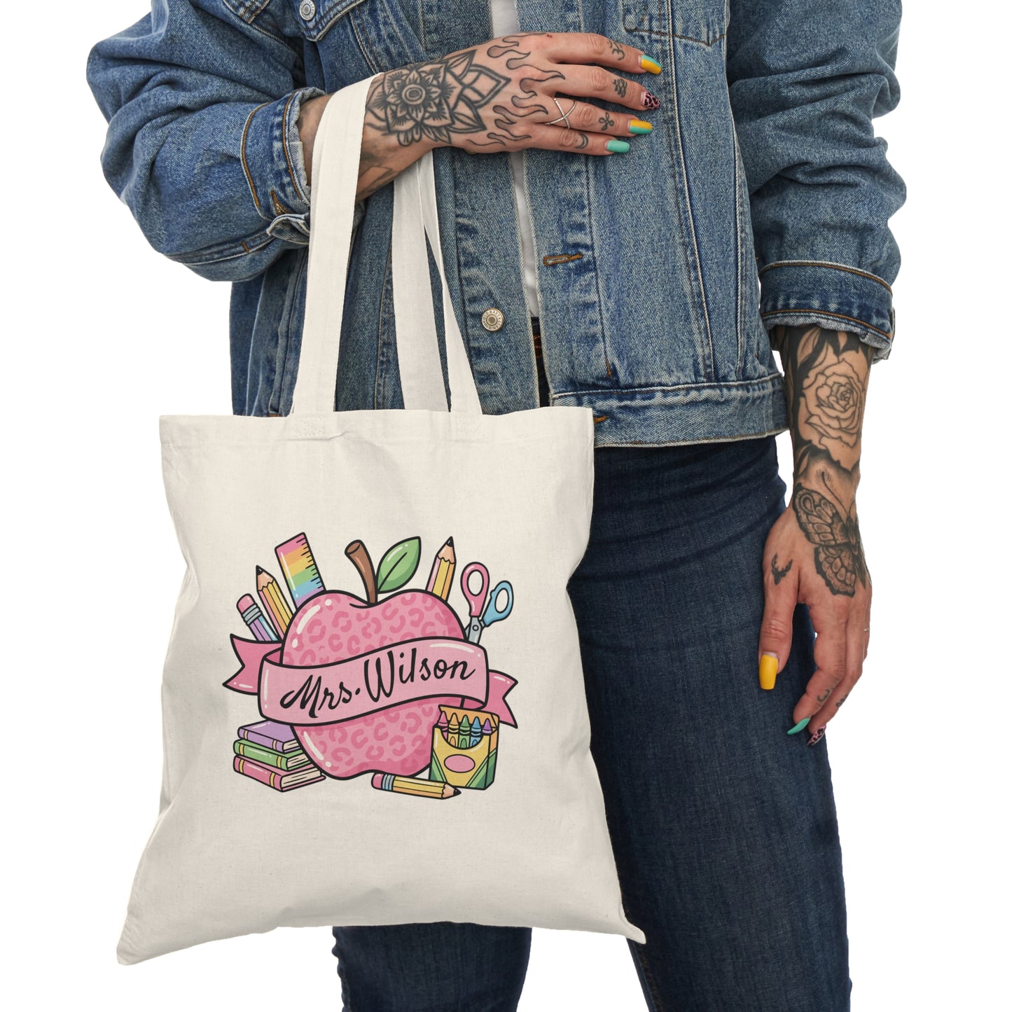 Personalized Apple Teacher Tote Bag | Custom Name School Supplies Design
