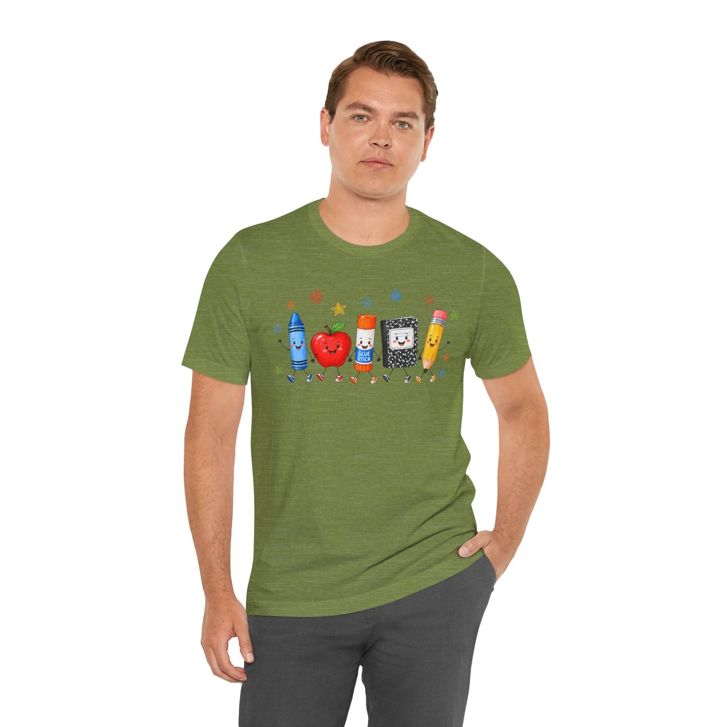 School Supplies Friends T-Shirt | Cute Crayon Apple Glue Pencil Notebook Design