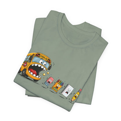 Monster School Bus Chasing School Supplies T-Shirt | Cute Cartoon Back-to-School Tee