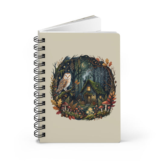 Woodland Owl Cottage Spiral Bound Journal | Forest Cabin Night Illustration