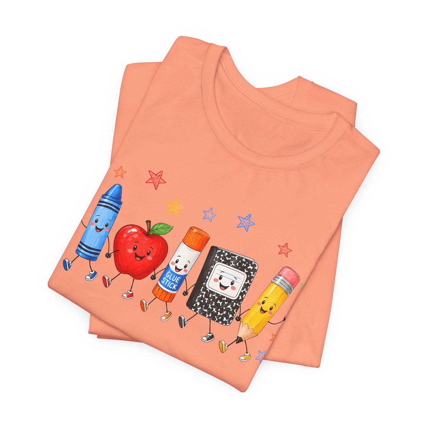 School Supplies Friends T-Shirt | Cute Crayon Apple Glue Pencil Notebook Design