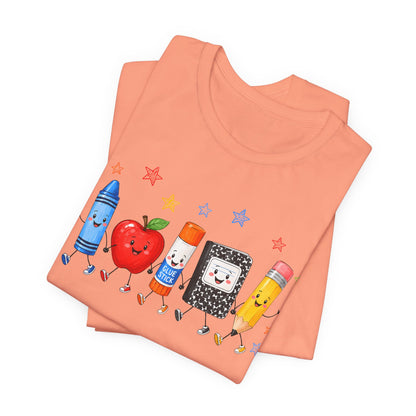 School Supplies Friends T-Shirt | Cute Crayon Apple Glue Pencil Notebook Design