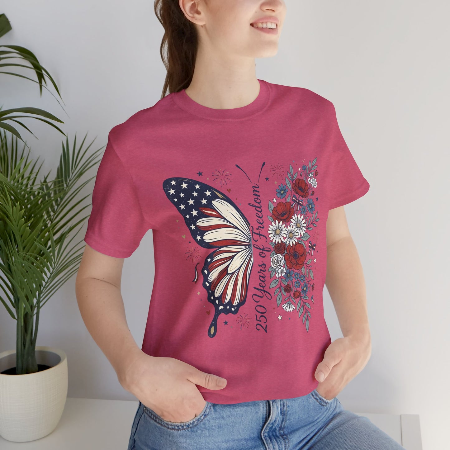 Butterfly Flag T-Shirt – "250 Years of Freedom" Patriotic Floral Tee