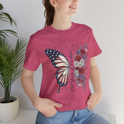 Butterfly Flag T-Shirt – "250 Years of Freedom" Patriotic Floral Tee