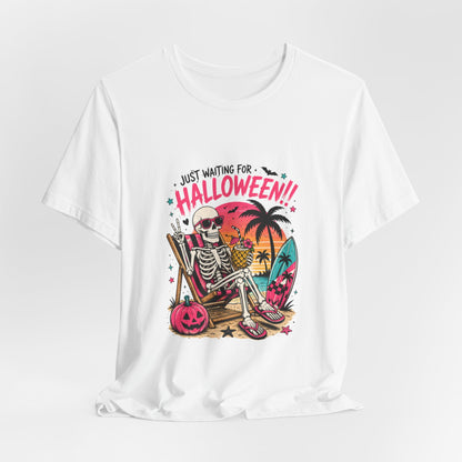 Just Waiting for Halloween Skeleton Beach Scene T-Shirt | Halloween Tee