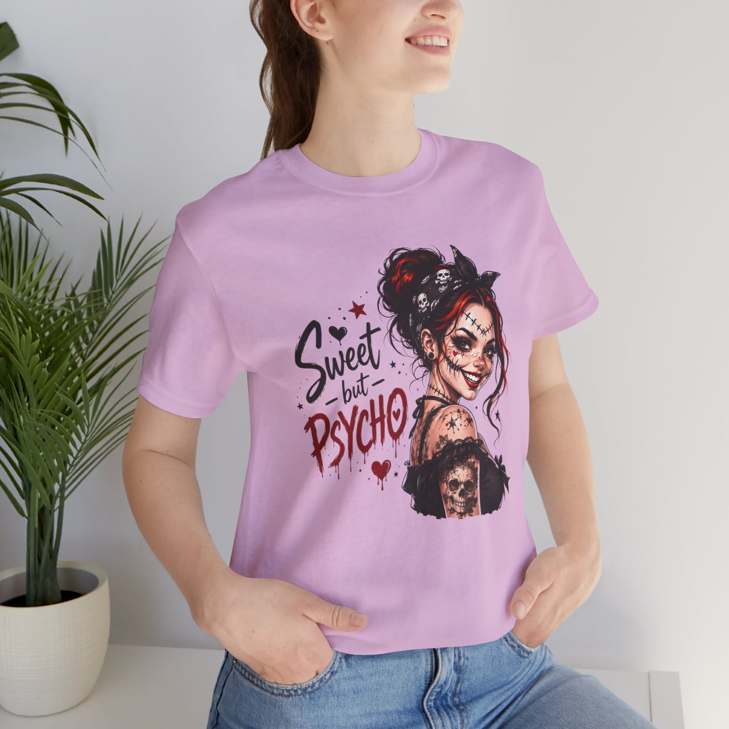 Sweet but Psycho Girl Portrait T-Shirt | Gothic Pinup Skull Art
