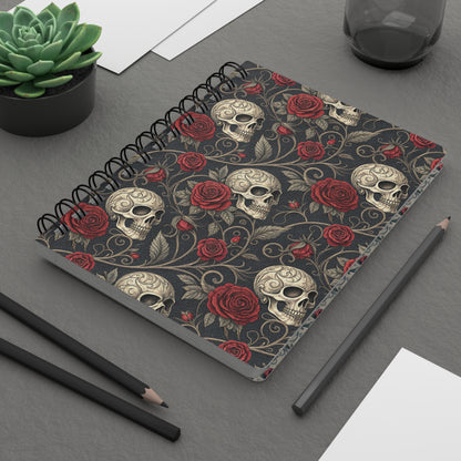 Skull and Red Roses Spiral Bound Journal | Gothic Floral Notebook