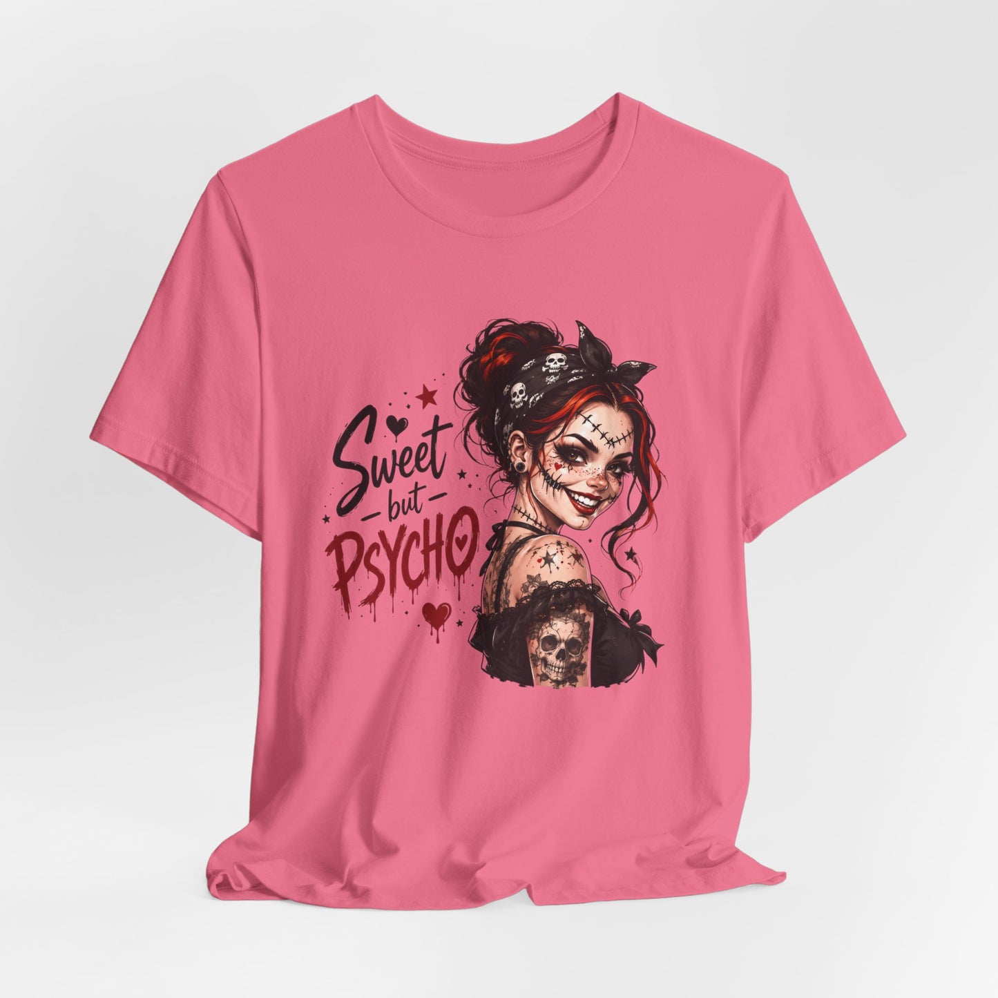 Sweet but Psycho Girl Portrait T-Shirt | Gothic Pinup Skull Art