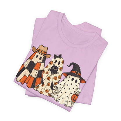 Halloween Ghost Trio T-Shirt — Cute Vintage Ghosts in Hats & Pumpkin Candy Bucket