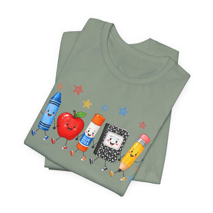 School Supplies Friends T-Shirt | Cute Crayon Apple Glue Pencil Notebook Design