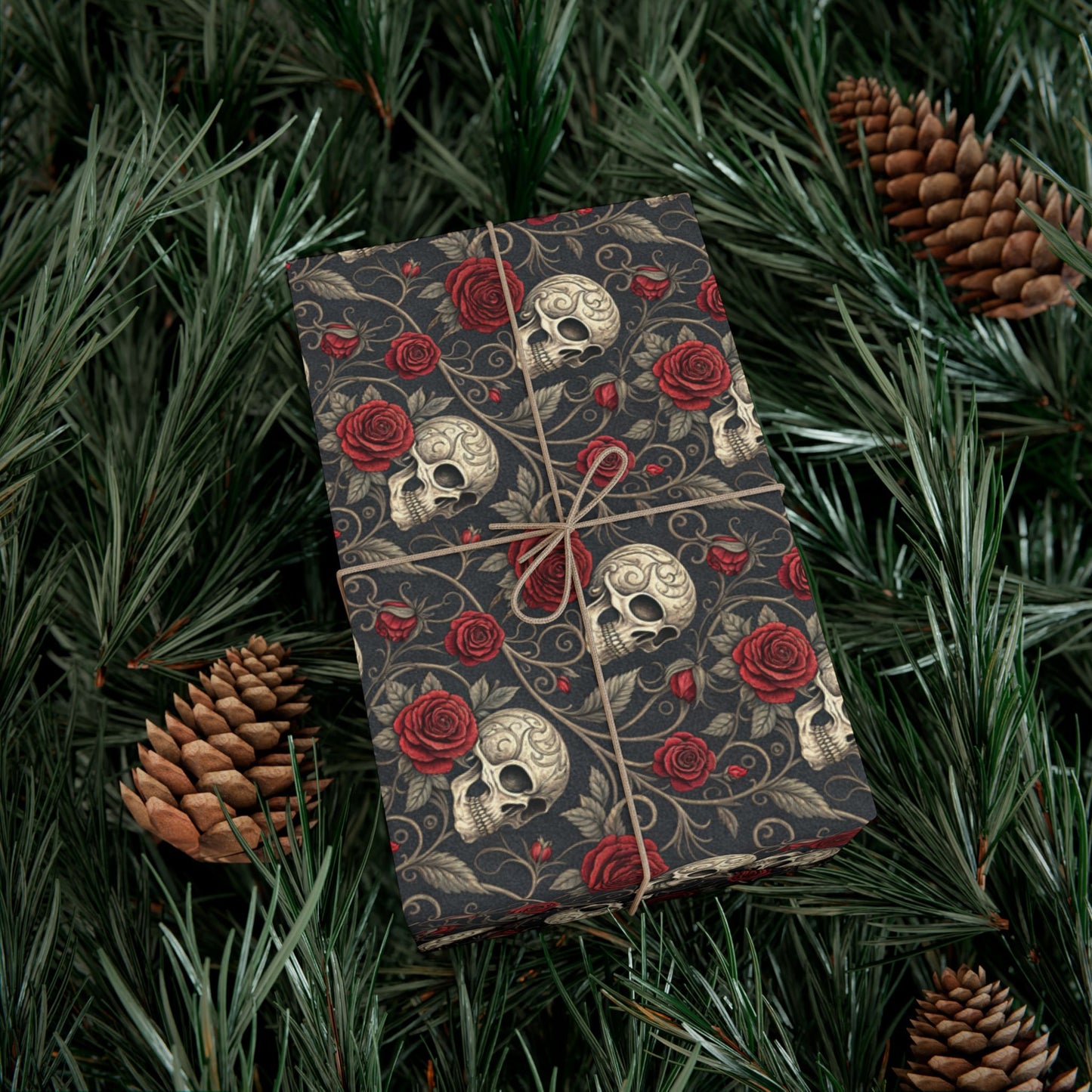 Skull and Red Rose Gift Wrap Paper | Gothic Floral Wrapping Paper