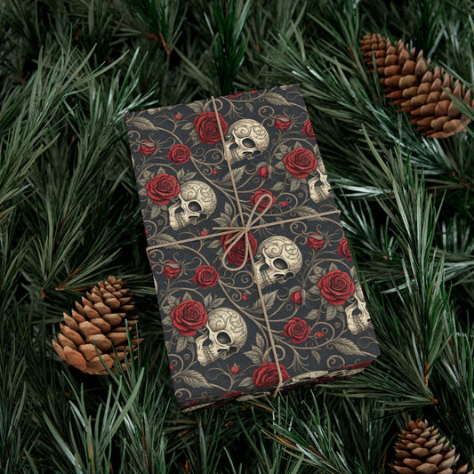 Skull and Red Rose Gift Wrap Paper | Gothic Floral Wrapping Paper