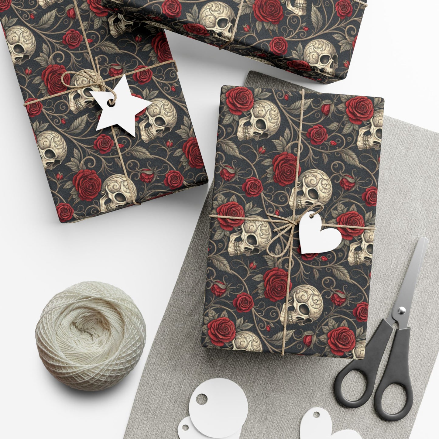 Skull and Red Rose Gift Wrap Paper | Gothic Floral Wrapping Paper