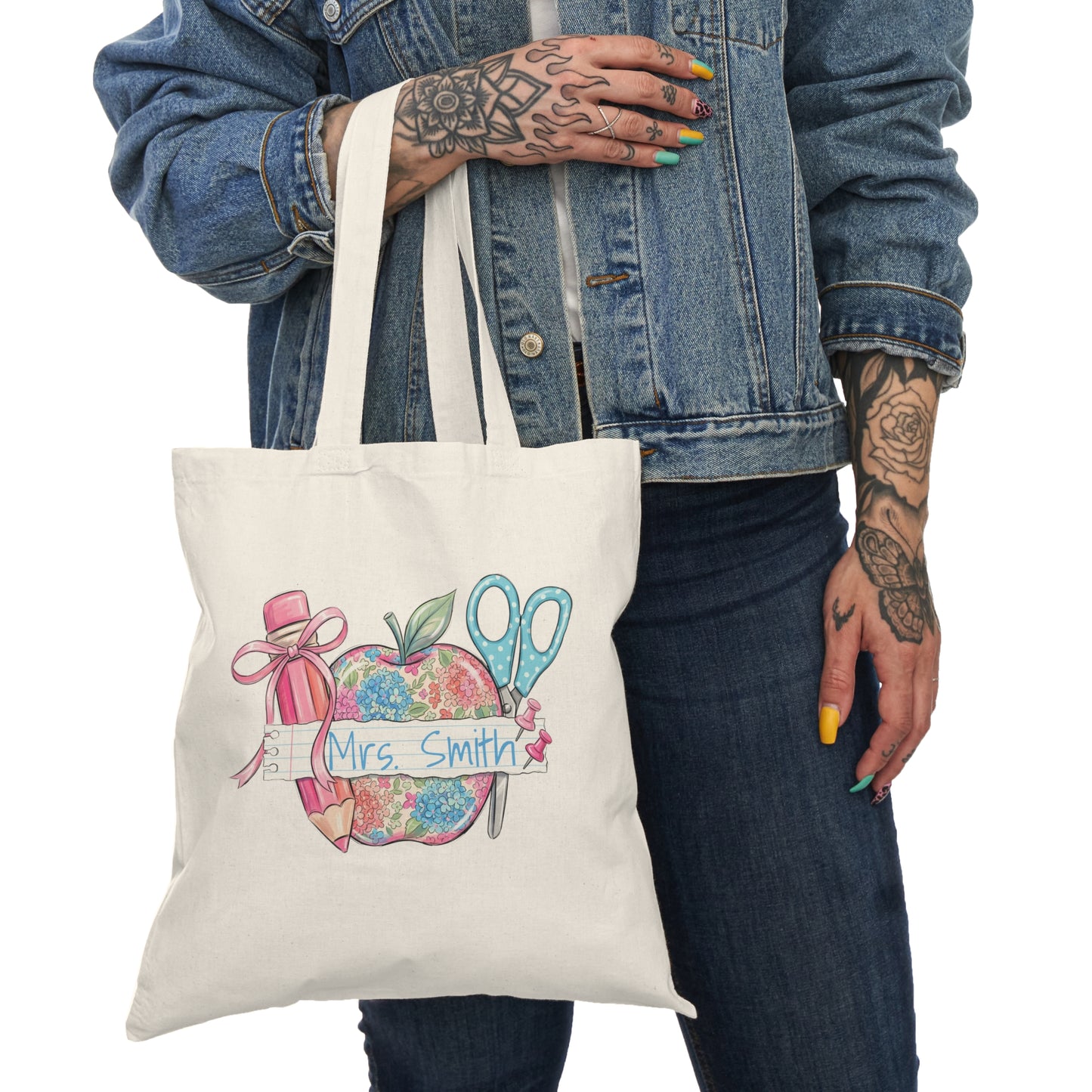 Personalized Teacher Apple with Scissors and Pencil Tote Bag | Custom Name